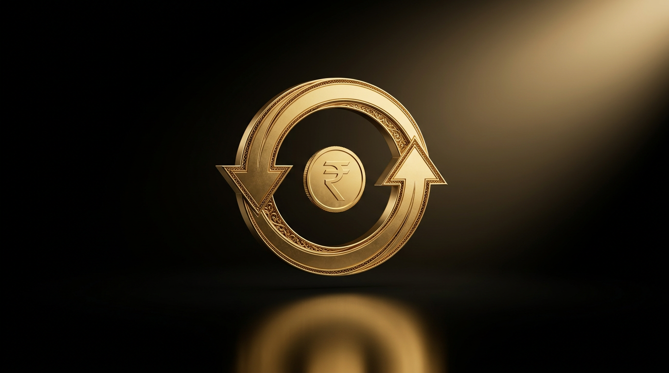 Gold refinance arrows around a rupee coin