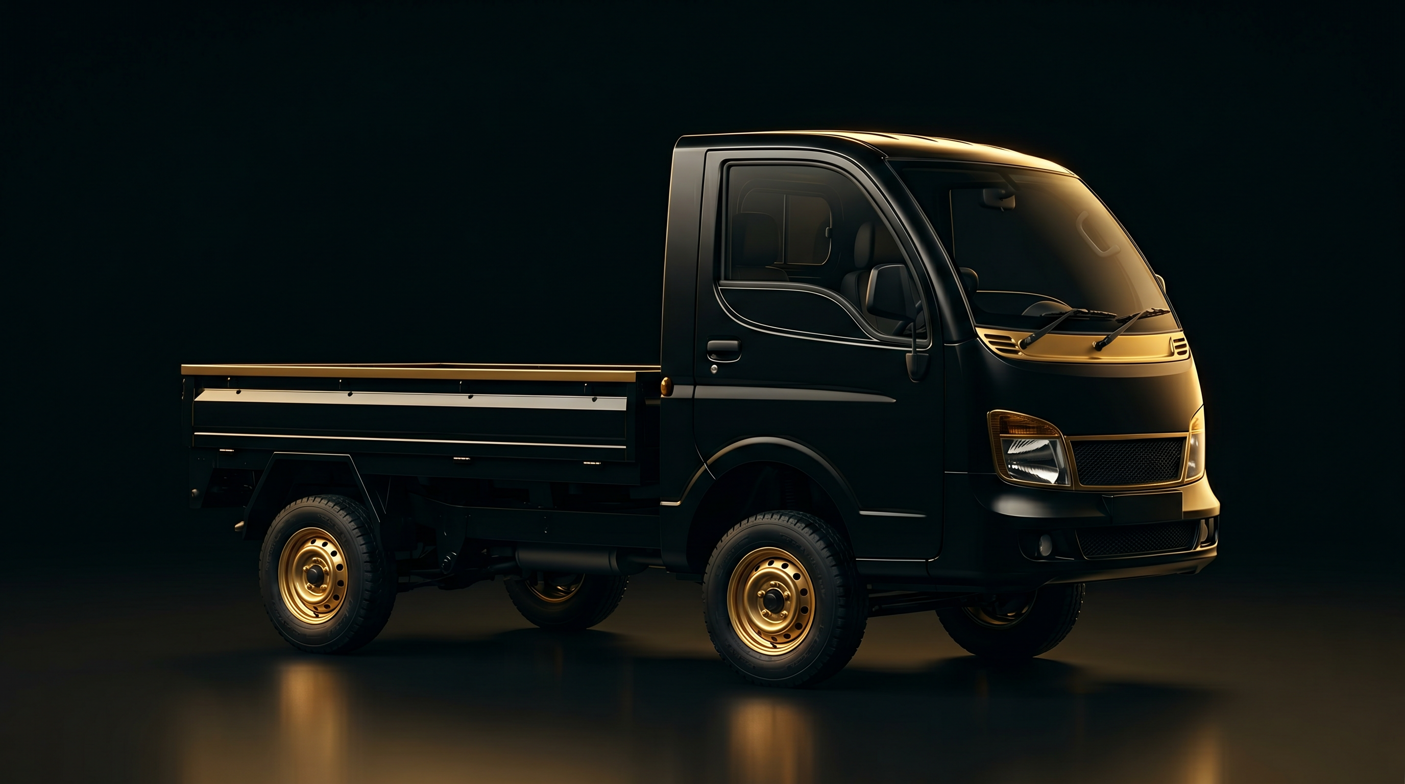 Black commercial pickup truck with gold rims