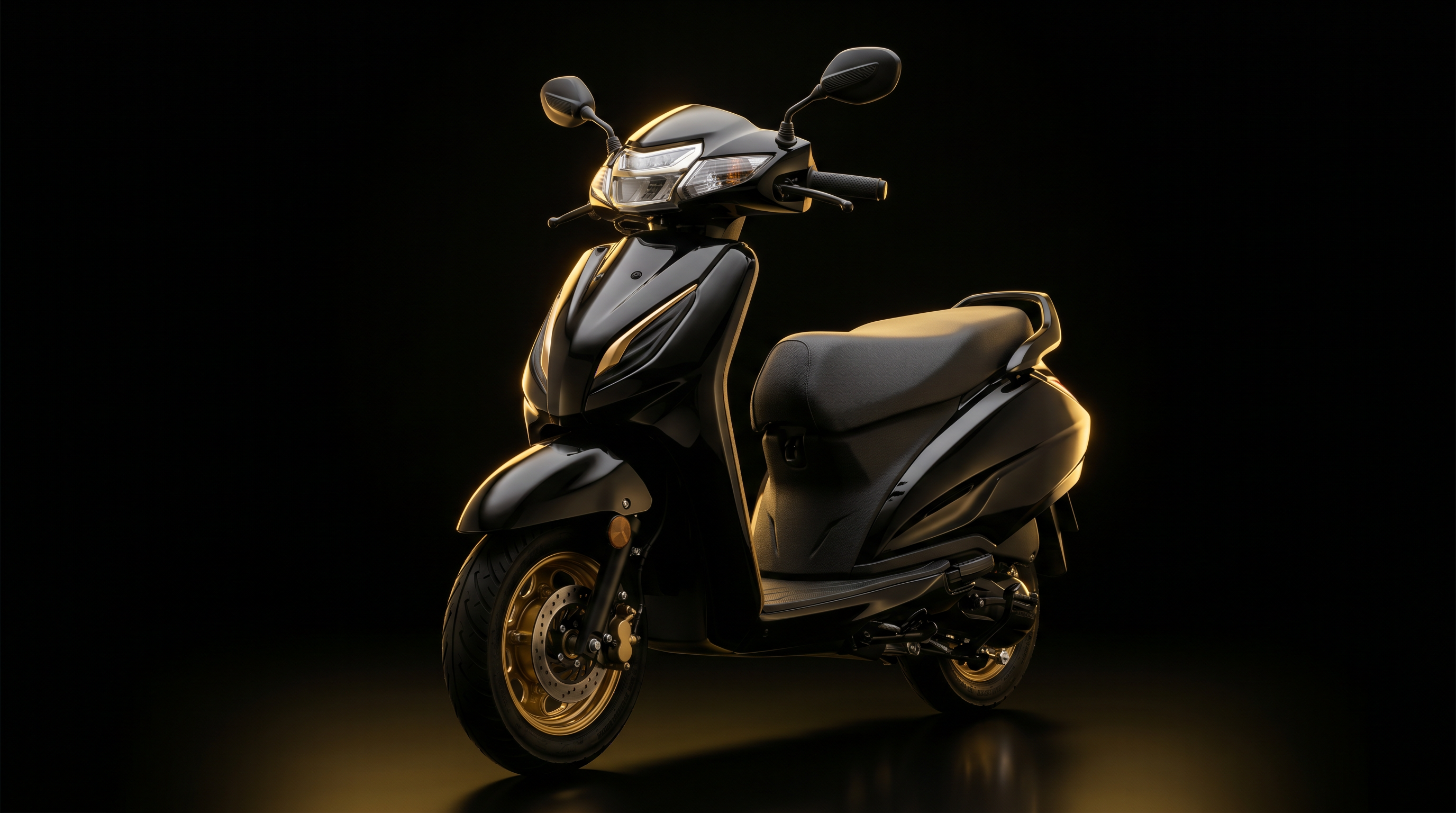 Gloss-black two-wheeler with gold accents